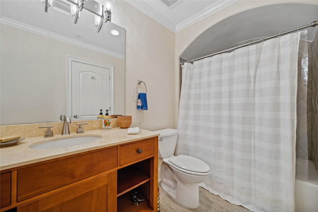 full bathroom with vanity, crown molding, toilet, and visible vents