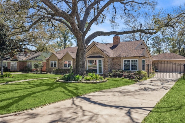 view of front of home featuring a front yard, a gate, a chimney, concrete driveway, and brick siding