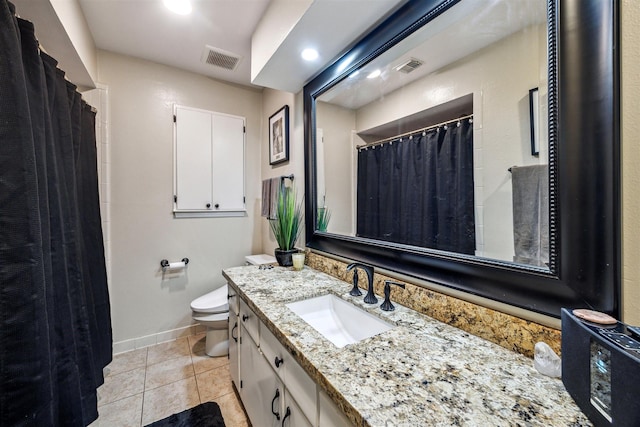 bathroom featuring tile patterned floors, visible vents, toilet, and vanity