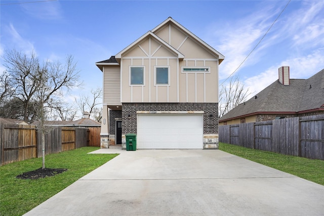 view of front of home featuring driveway, fence, a front yard, a garage, and brick siding