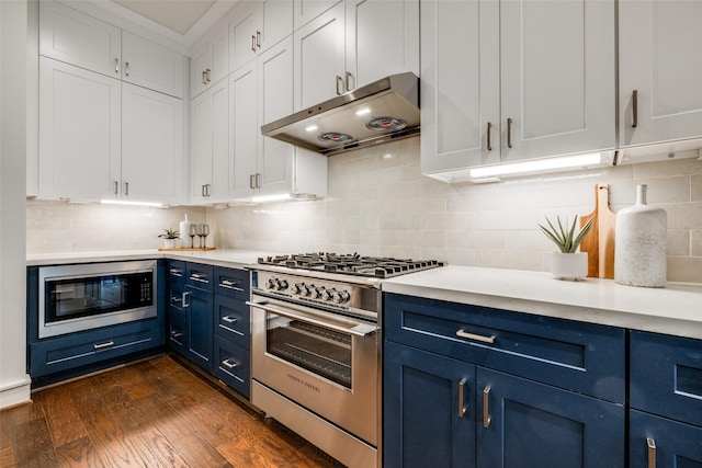 kitchen featuring blue cabinetry, dark wood-style flooring, light countertops, appliances with stainless steel finishes, and under cabinet range hood