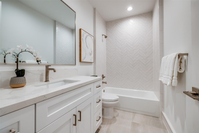 full bathroom featuring recessed lighting, vanity, toilet, and shower / bathing tub combination