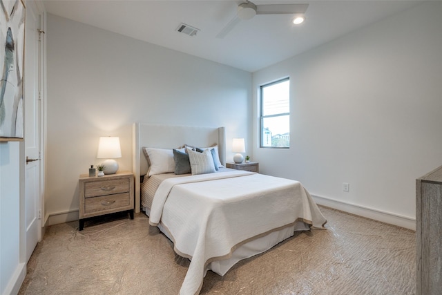 bedroom with light carpet, visible vents, ceiling fan, and baseboards