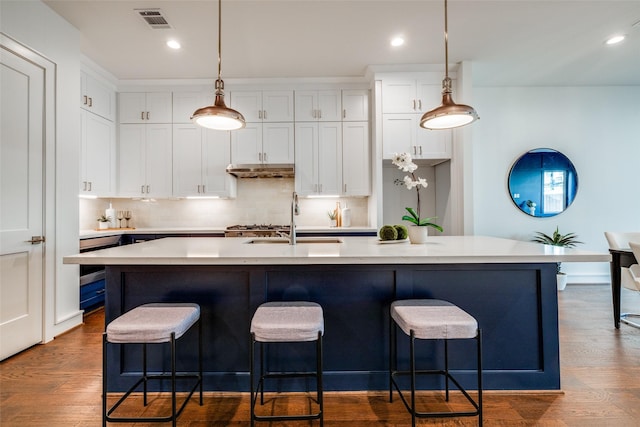 kitchen featuring tasteful backsplash, dark wood-style floors, visible vents, and a sink