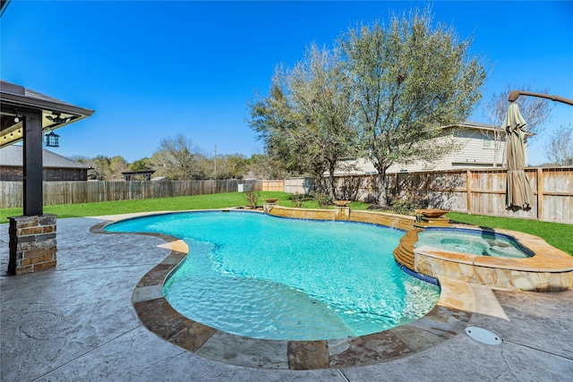 view of pool with a patio area, a yard, a fenced backyard, and a pool with connected hot tub