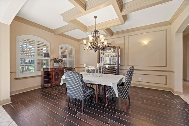 dining space featuring a decorative wall, beamed ceiling, an inviting chandelier, and wood finish floors