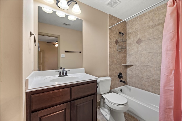 full bathroom with vanity, toilet, shower / bath combo, and visible vents