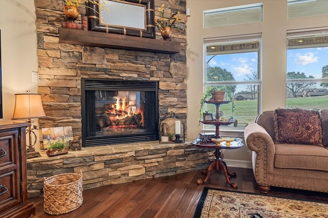 living area featuring wood finished floors, a fireplace, and baseboards