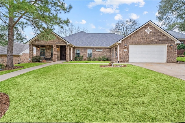 ranch-style home featuring brick siding, a shingled roof, a front lawn, concrete driveway, and a garage