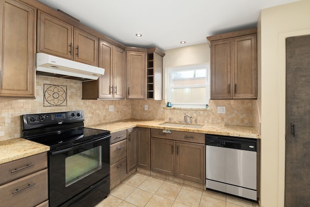 kitchen featuring under cabinet range hood, open shelves, a sink, black / electric stove, and dishwasher