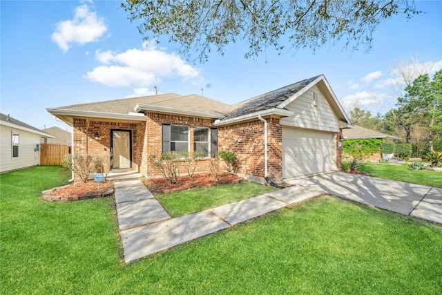 ranch-style home featuring brick siding, a garage, a front lawn, and fence