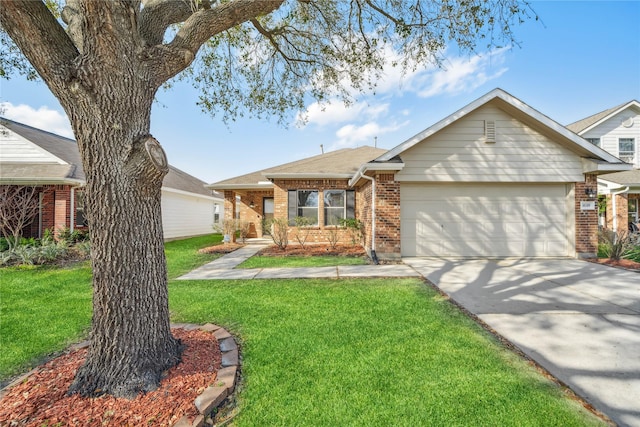 ranch-style house featuring a front lawn, a garage, brick siding, and driveway