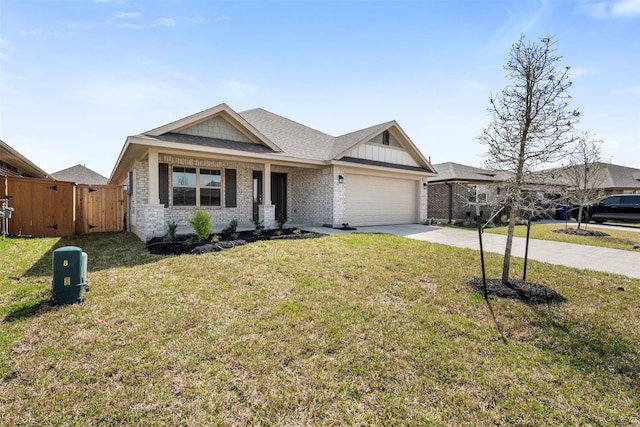 view of front of property featuring a garage, a front lawn, driveway, and fence