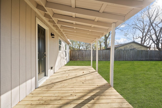 deck featuring a lawn and a fenced backyard