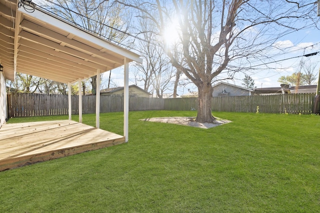 view of yard with a fenced backyard and a wooden deck