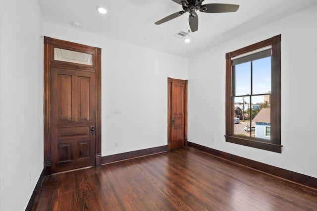 spare room with visible vents, baseboards, recessed lighting, wood finished floors, and a ceiling fan