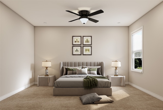 bedroom with baseboards, carpet, and ceiling fan