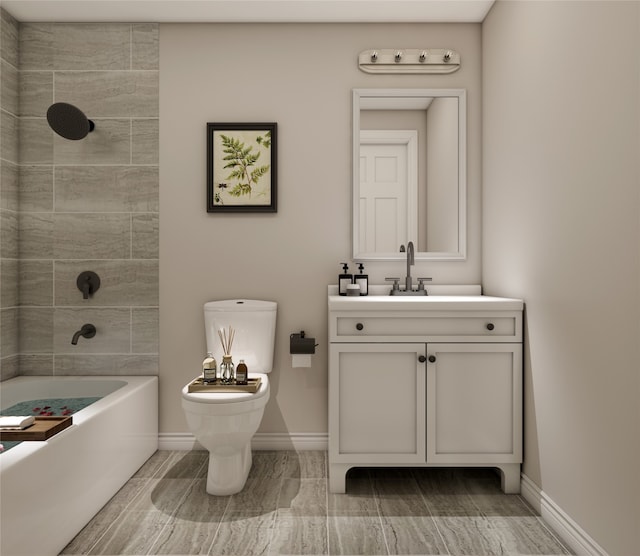 full bath featuring vanity, toilet, washtub / shower combination, and baseboards