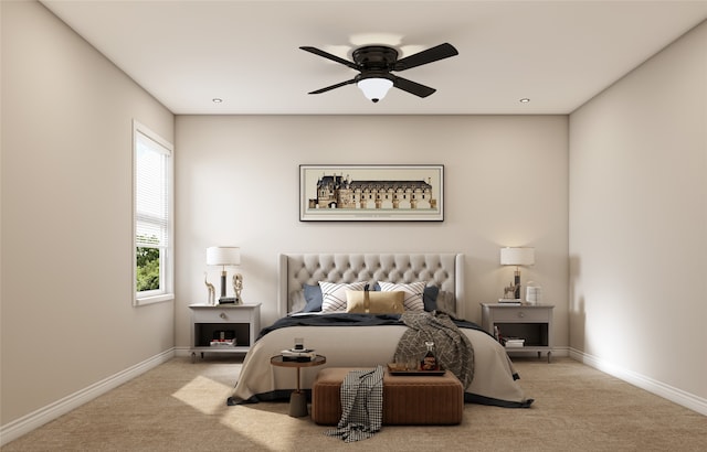 bedroom with baseboards, a ceiling fan, and carpet flooring