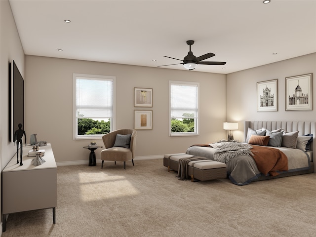 bedroom featuring recessed lighting, multiple windows, carpet, and baseboards