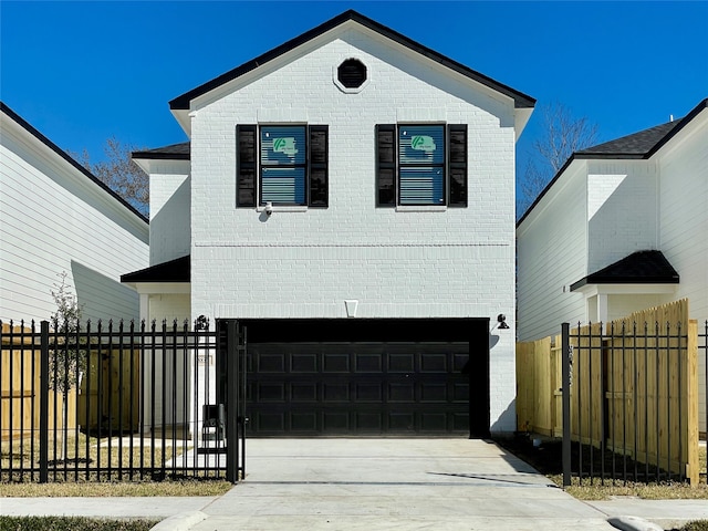 view of front facade with concrete driveway, an attached garage, fence, and brick siding