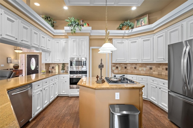 kitchen featuring dark wood-style floors, white cabinetry, stainless steel appliances, and tasteful backsplash