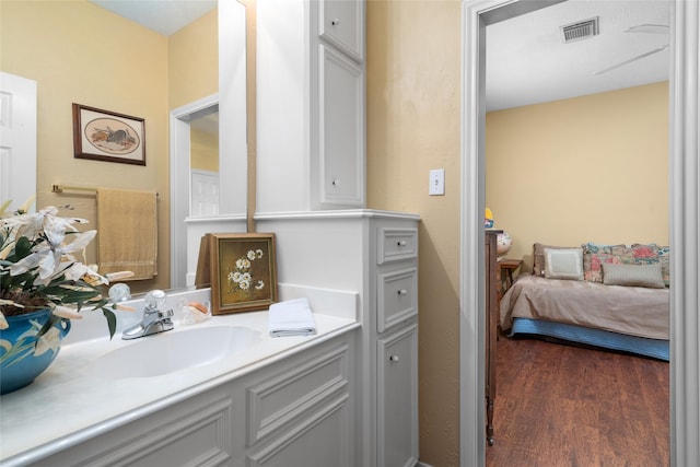 bathroom with visible vents, wood finished floors, and vanity