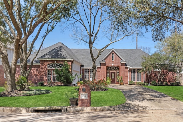 traditional-style house featuring brick siding, driveway, a front yard, and roof with shingles