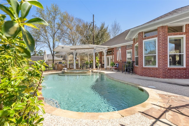 view of swimming pool with a pergola, fence, a fenced in pool, an in ground hot tub, and a patio area