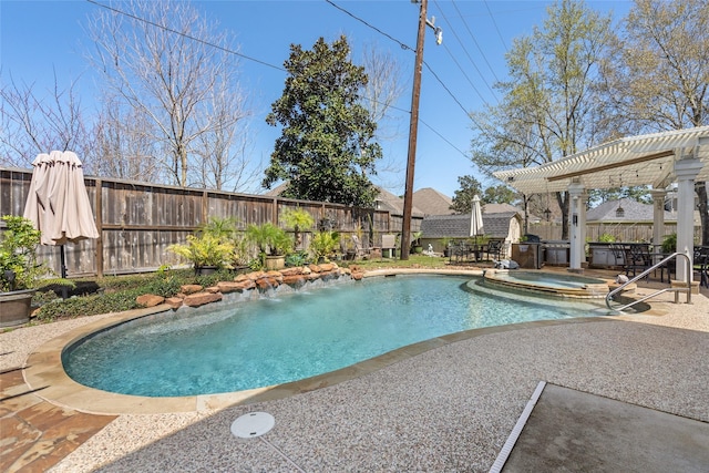 view of swimming pool with a patio area, a pool with connected hot tub, a pergola, and a fenced backyard