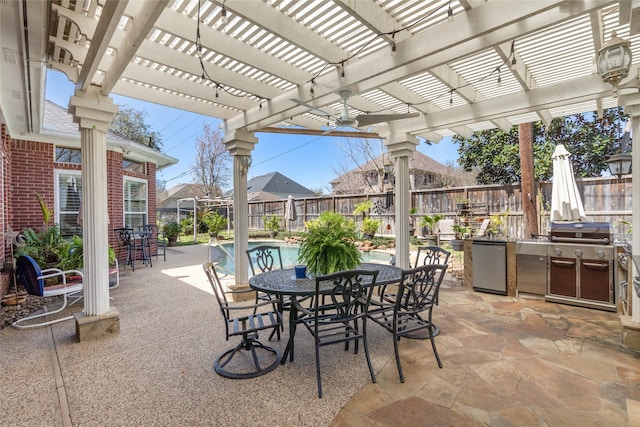 view of patio with a fenced in pool, a fenced backyard, outdoor dining space, a grill, and a pergola