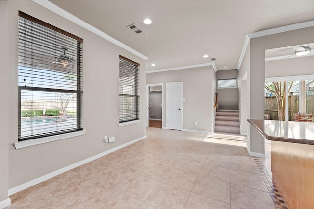 unfurnished living room featuring visible vents, baseboards, stairway, light tile patterned floors, and recessed lighting