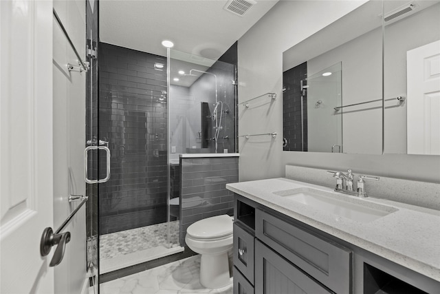 bathroom with a shower stall, toilet, visible vents, and marble finish floor