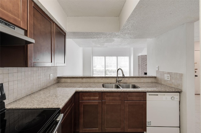 kitchen with electric stove, a sink, backsplash, light countertops, and dishwasher