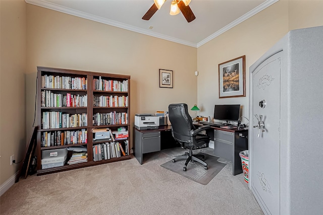 office with ornamental molding, light colored carpet, baseboards, and ceiling fan