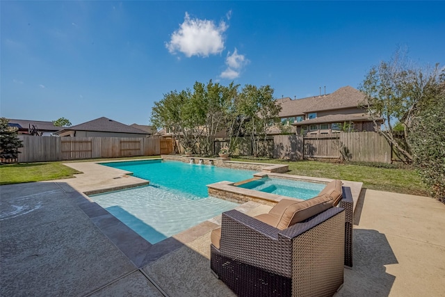 view of swimming pool featuring a yard, a fenced backyard, and a patio area