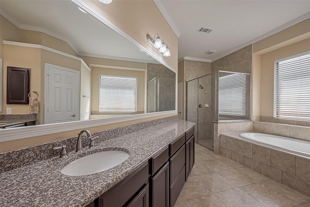 full bath featuring vanity, a bath, visible vents, and a stall shower