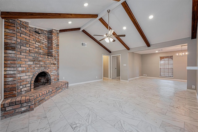 unfurnished living room featuring beamed ceiling, visible vents, marble finish floor, a brick fireplace, and ceiling fan