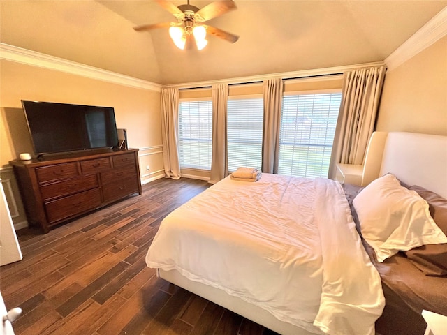 bedroom featuring dark wood-style floors, multiple windows, crown molding, and lofted ceiling