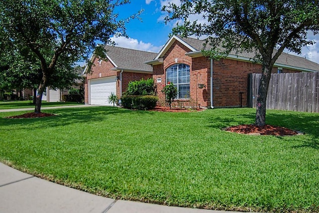 single story home with brick siding, an attached garage, a front lawn, and fence