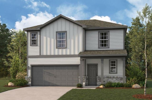 view of front of house featuring board and batten siding, concrete driveway, roof with shingles, a front yard, and an attached garage