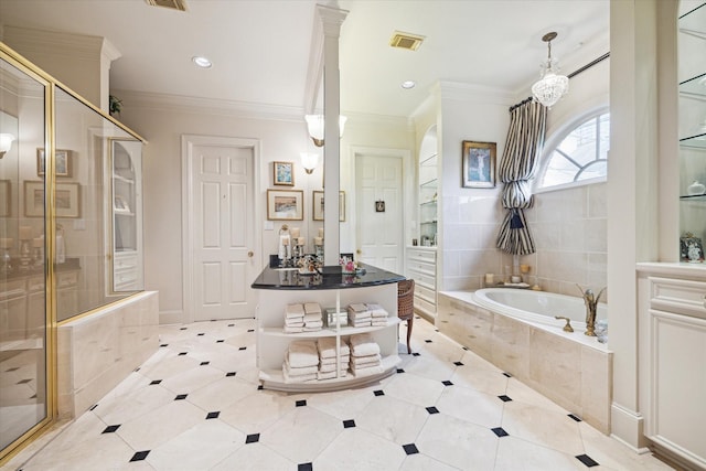 bathroom with visible vents, a garden tub, ornamental molding, recessed lighting, and a shower stall