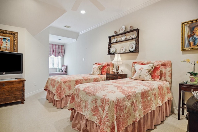 carpeted bedroom with visible vents, ornamental molding, a ceiling fan, recessed lighting, and baseboards