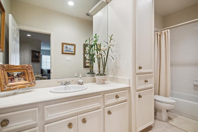 bathroom with tile patterned flooring, toilet, shower / bath combo, recessed lighting, and vanity