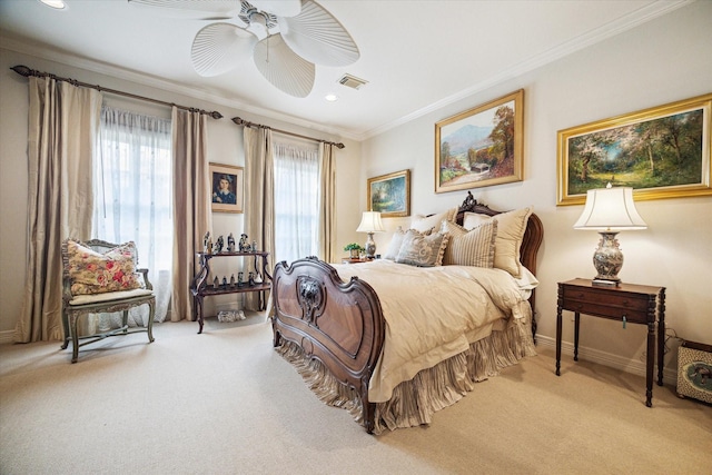 bedroom featuring recessed lighting, visible vents, light colored carpet, and ornamental molding