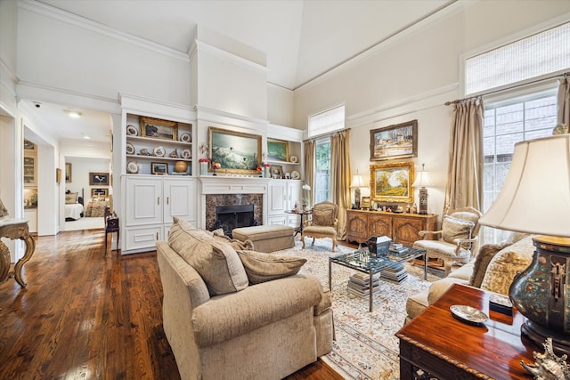 living area with a premium fireplace, a healthy amount of sunlight, ornamental molding, and hardwood / wood-style flooring