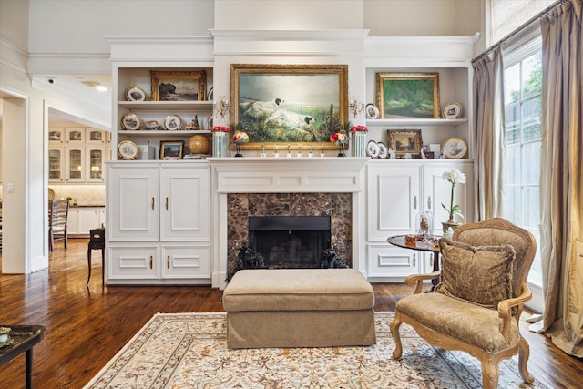 living room featuring dark wood-type flooring and a high end fireplace