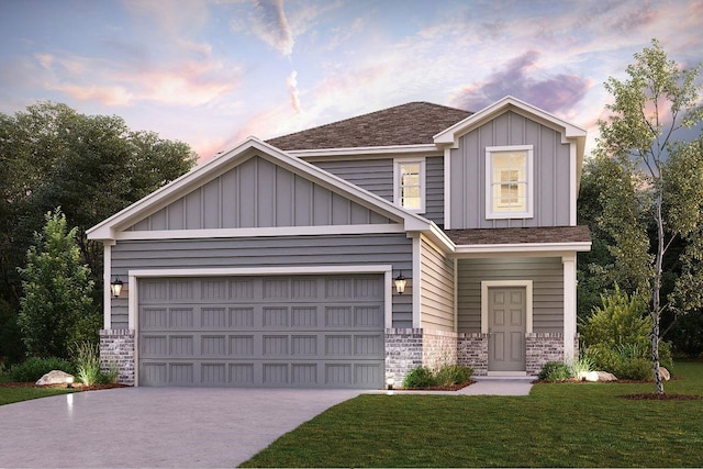 view of front of home featuring a front yard, brick siding, board and batten siding, and driveway