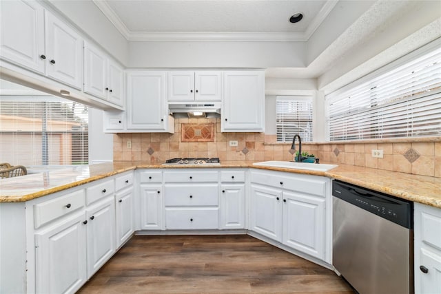 kitchen featuring crown molding, under cabinet range hood, stainless steel appliances, white cabinetry, and a sink