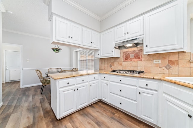 kitchen with wood finished floors, stainless steel gas cooktop, ornamental molding, white cabinets, and under cabinet range hood